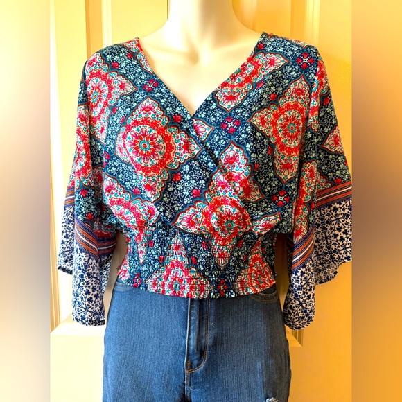 twine & string Tops - Red and Blue Cropped Wrap Blouse with Dolman Sleeves by twine & string, …
